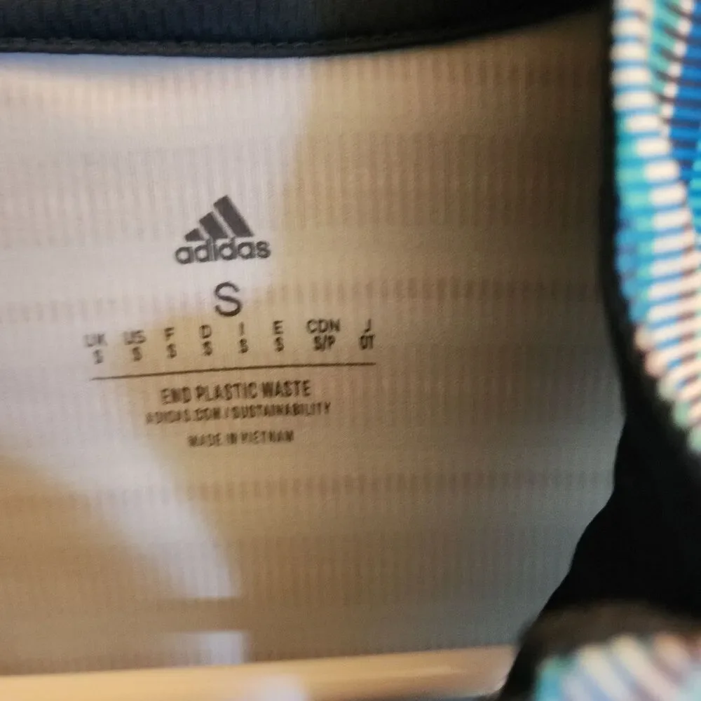 Adidas Athletic Top 1/4 Zip Long Sleeve Mock Neck Blue Teal Stripe Womens Size S